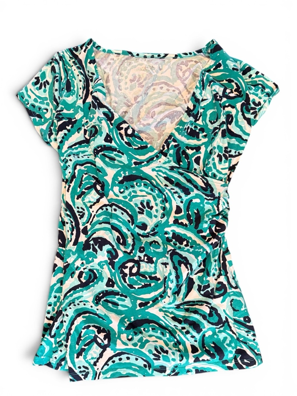 Merona Teal Swirl V-Neck Short Sleeve Top Size S